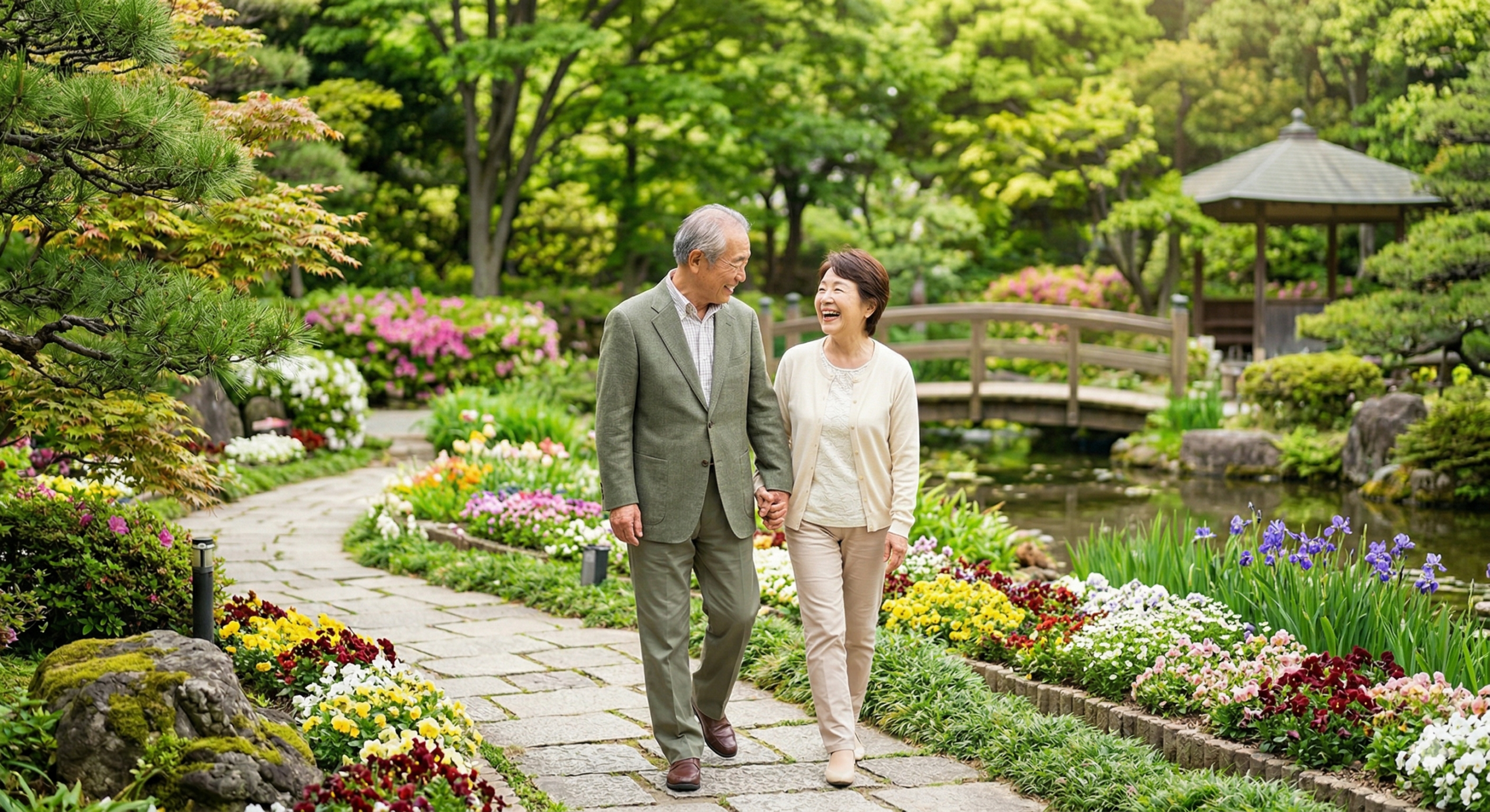 庭園を歩く老夫婦