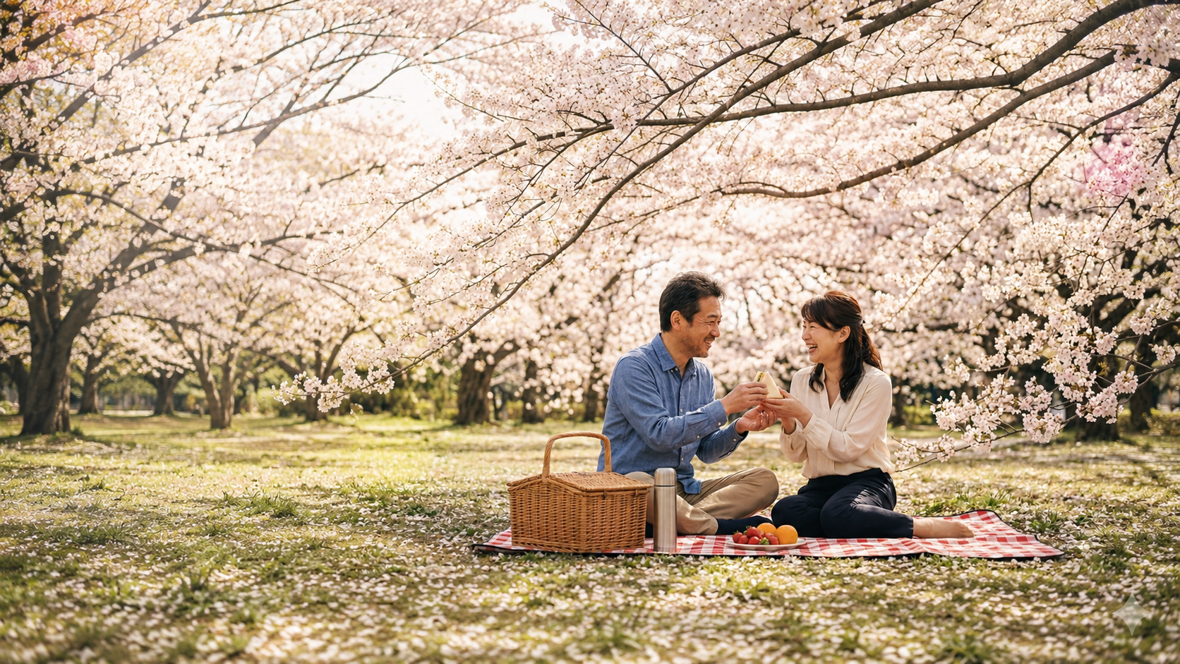 桜の下で過ごす夫婦